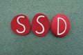 SSD, Shared Delusional Disorder, logo type composed with red colored stone letters over green sand